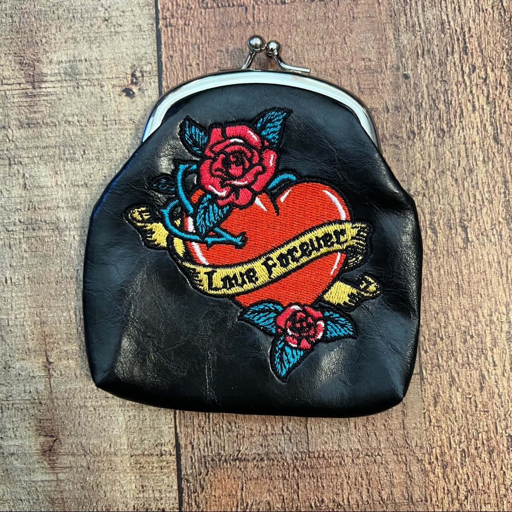 Lavishy Love Forever Heart Roses with Tattoo Swallow Birds Vegan Coin Purse
